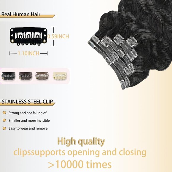 Clip in Hair Extensions Human Hair Wavy 16 Inch Black 8pcs 18 Clips - Picture 4 of 6